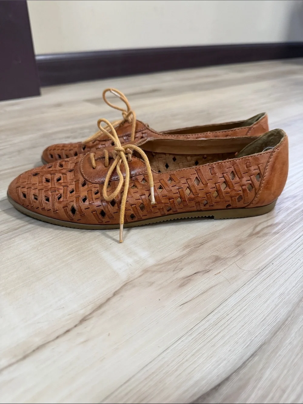 Brown Leather Huarache Oxford Flats Size Marked 38 40 Woven Boho Shoes